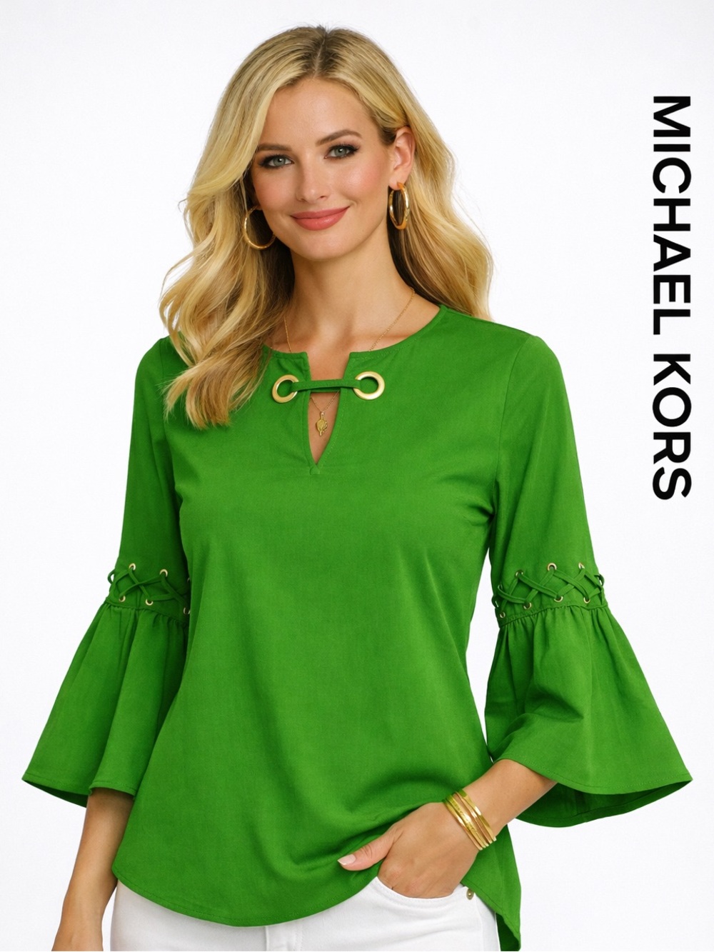 MICHAEL Michael Kors
Green Lace‑Up Bell Sleeve Blouse Gold Grommets Boutique NWT